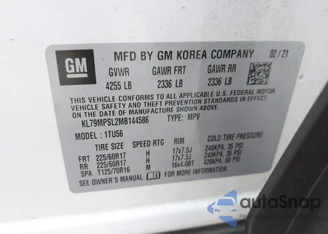 2021 Chevrolet Trailblazer Fwd Lt z USA, uszkodzony, nr VIN KL79MPSL2MB144586